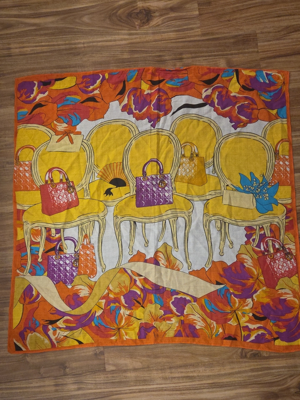 Colorful Floral Chairs Silk-Feel Scarf in Yellow, Orange & Purple